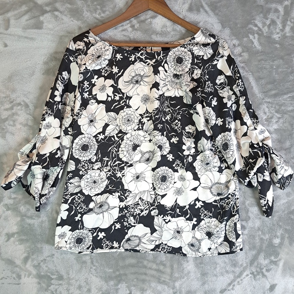 Talbots Black White Graphic Floral Knot Sleeve Blouse Size M Style VN5457